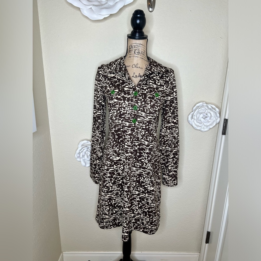 Uncle Frank Chocolate Brown & Cream Patterned Chemise Retro Dress Size M